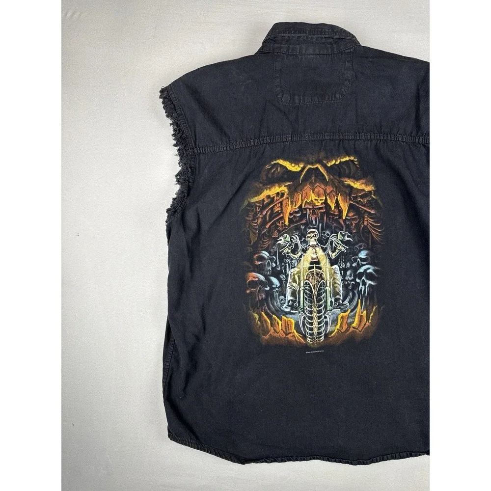 Y2K Bikers Edge Sleeveless Button Up Shirt Skulls Skeleton Motorcycle Flames L